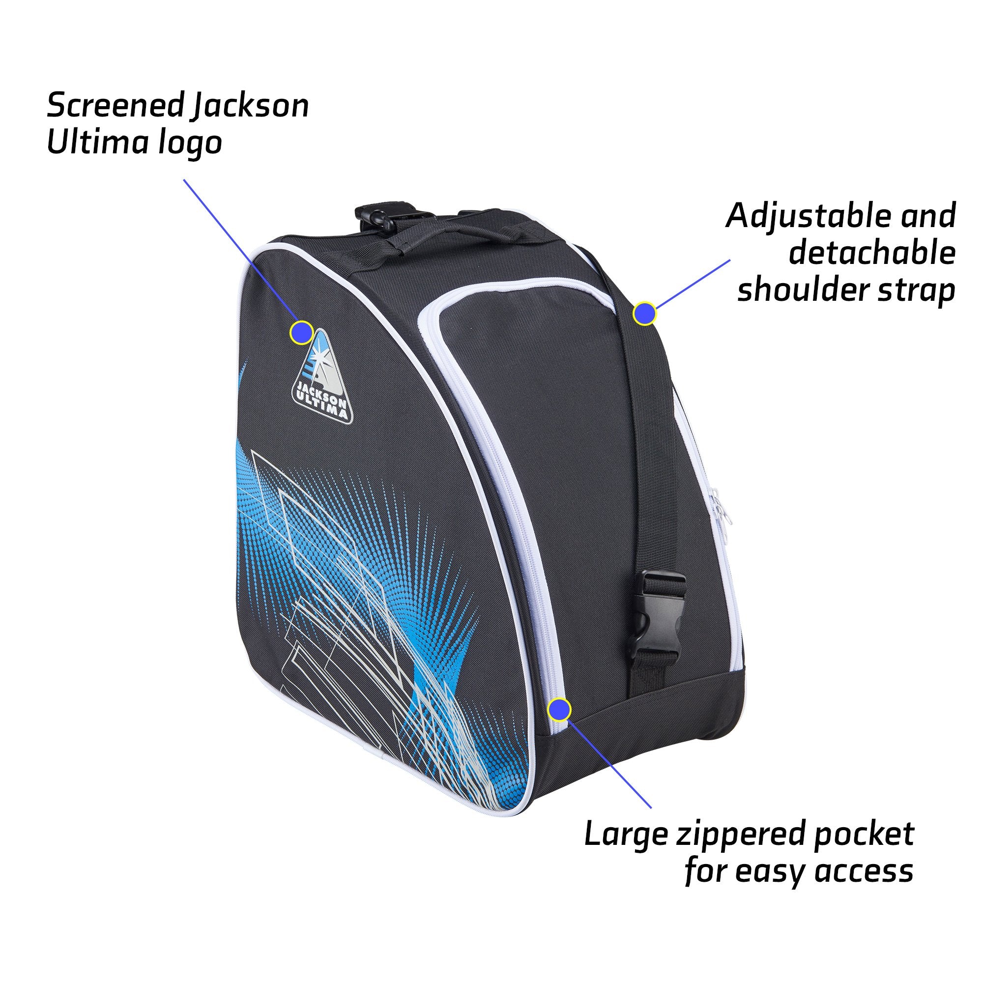 Jackson Ultima oversized skate bag in blue and black with white trim